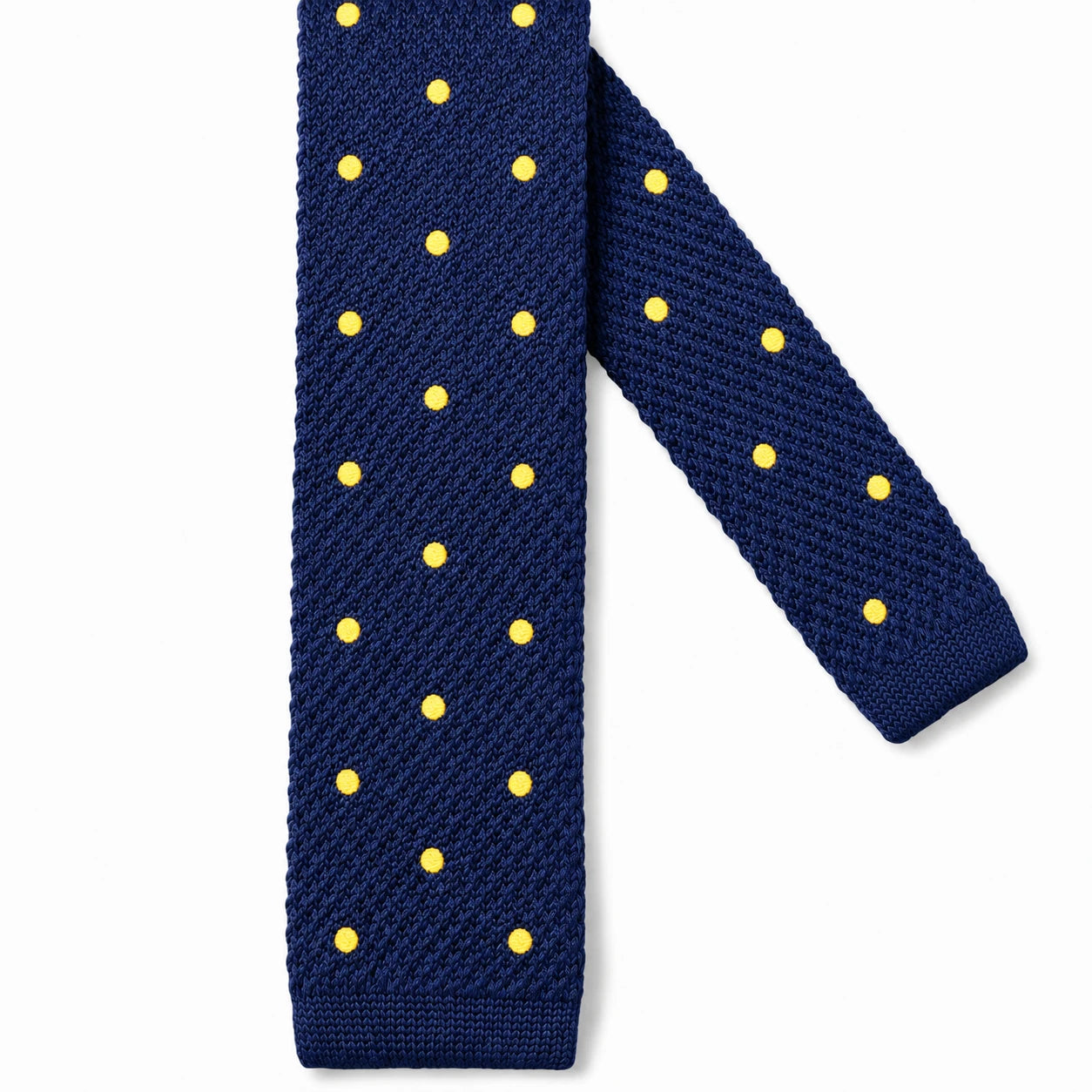 Cravate en Tricot Bleu Marine à Pois Jaunes - Maille Texturée à Bout Carré