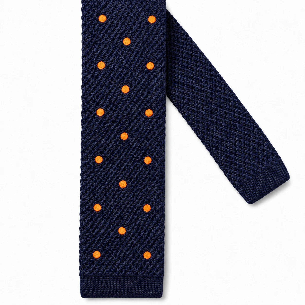 Cravate en Tricot Bleu Marine à Pois Oranges Homme - Maille Texturée à Bout Carré