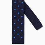 Cravate en Tricot Bleu Marine à Pois Bleu Ciel - Maille Texturée à Bout Carré