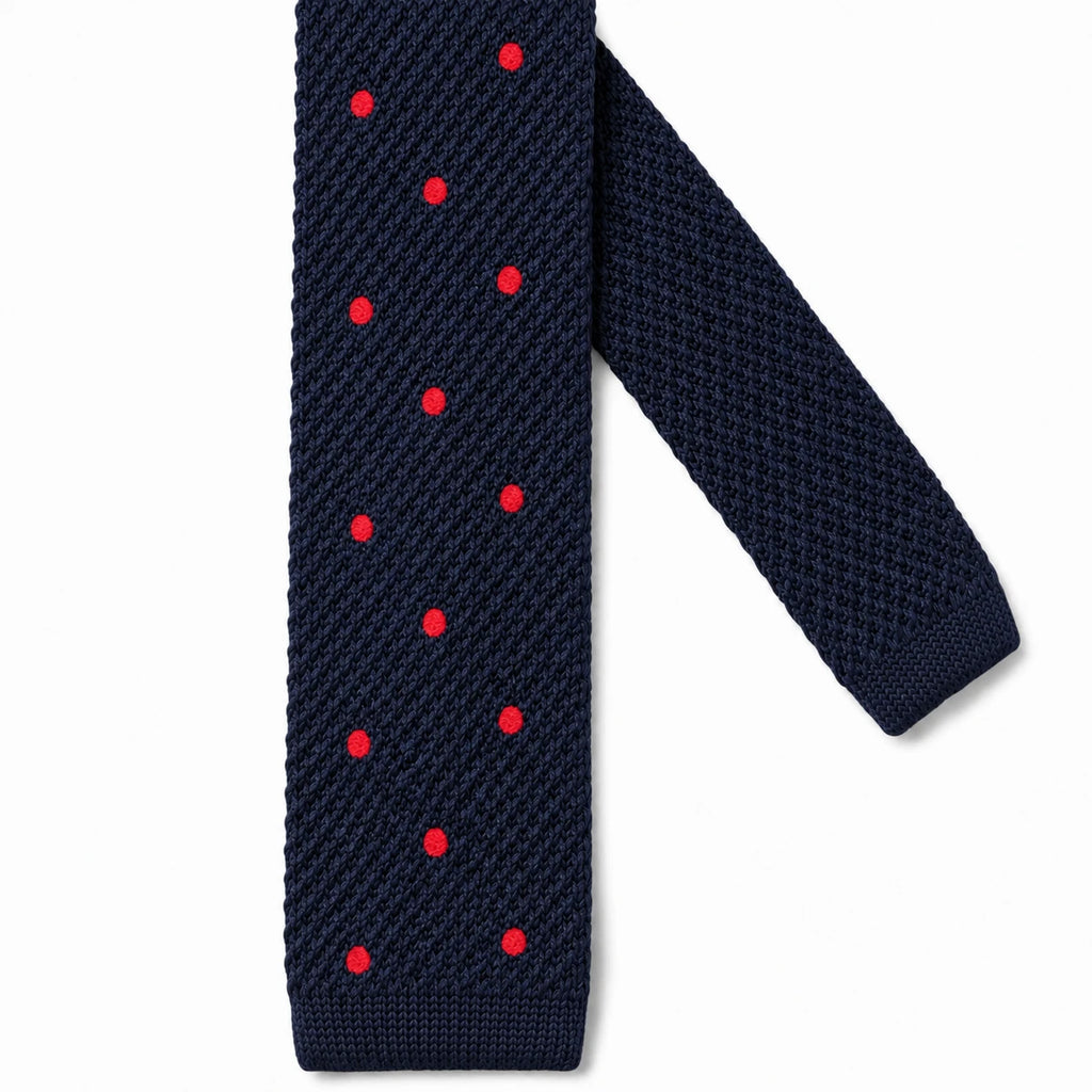 Cravate en Tricot Bleu Marine à Pois Rouge - Maille Texturée à Bout Carré