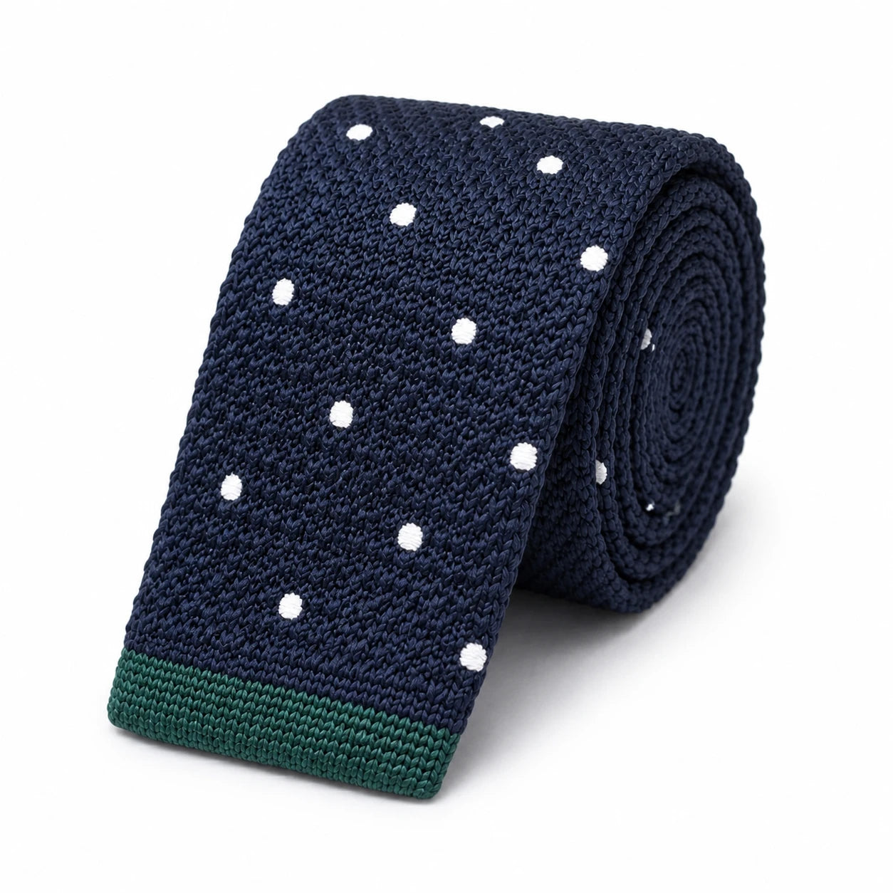 Cravate en Tricot Bleu Marine à Pois Blanc Ciel pour Homme - Maille Texturée à Bout Carré Vert