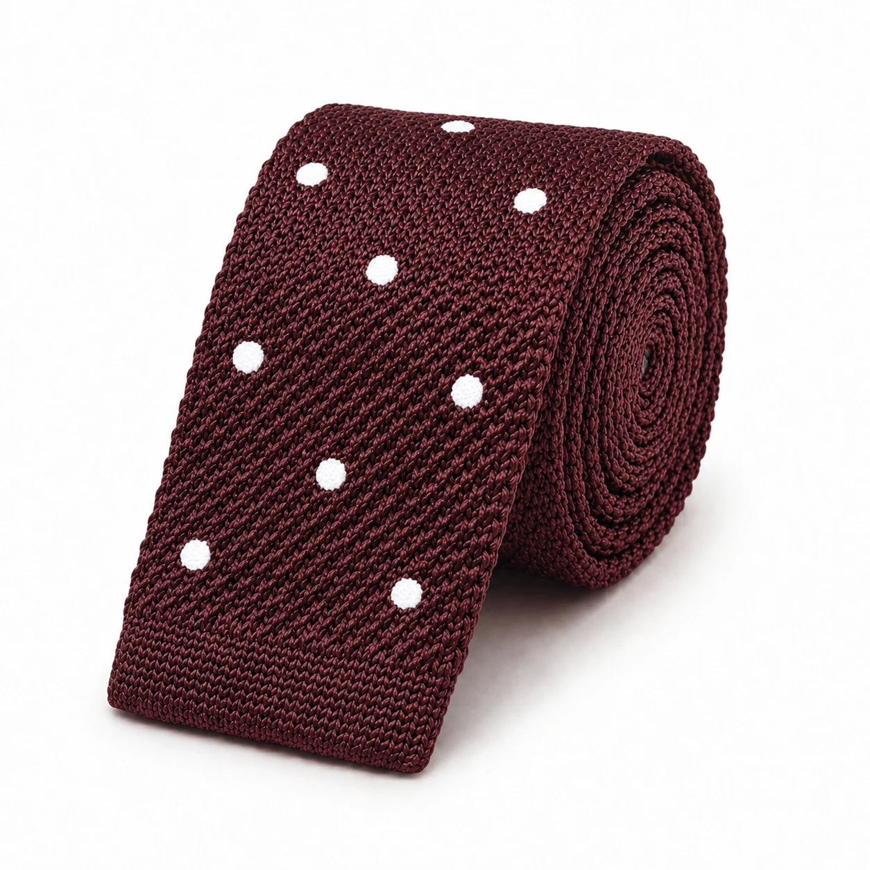 Cravate en Tricot Marron à Pois Blanc Homme - Maille Texturée à Bout Carré