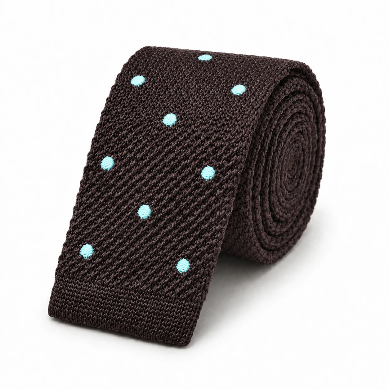 Cravate en Tricot Marron à Pois Bleu Turquoise Homme - Maille Texturée à Bout Carré (Copie)
