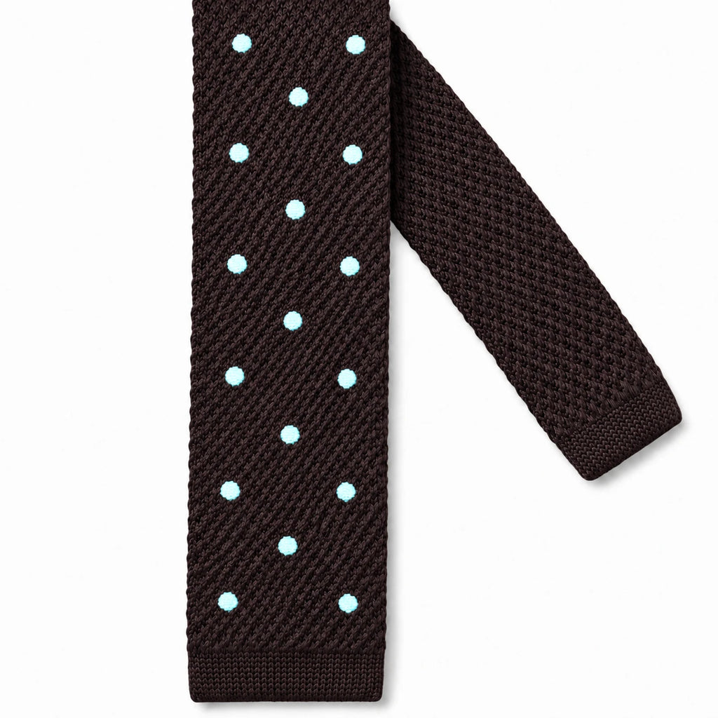Cravate en Tricot Marron à Pois Bleu Turquoise Homme - Maille Texturée à Bout Carré (Copie)