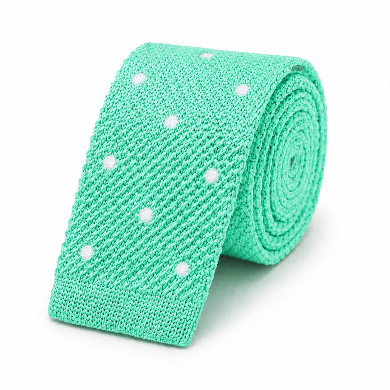 Cravate en Tricot Vert d'Eau à Pois Blanc - Maille Texturée à Bout Carré