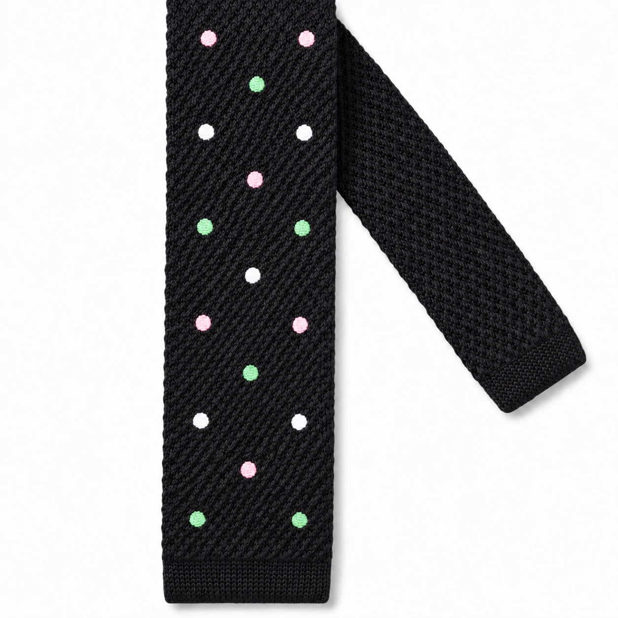 Cravate en Tricot Noire à Pois Multicolores - Maille Texturée à Bout Carré