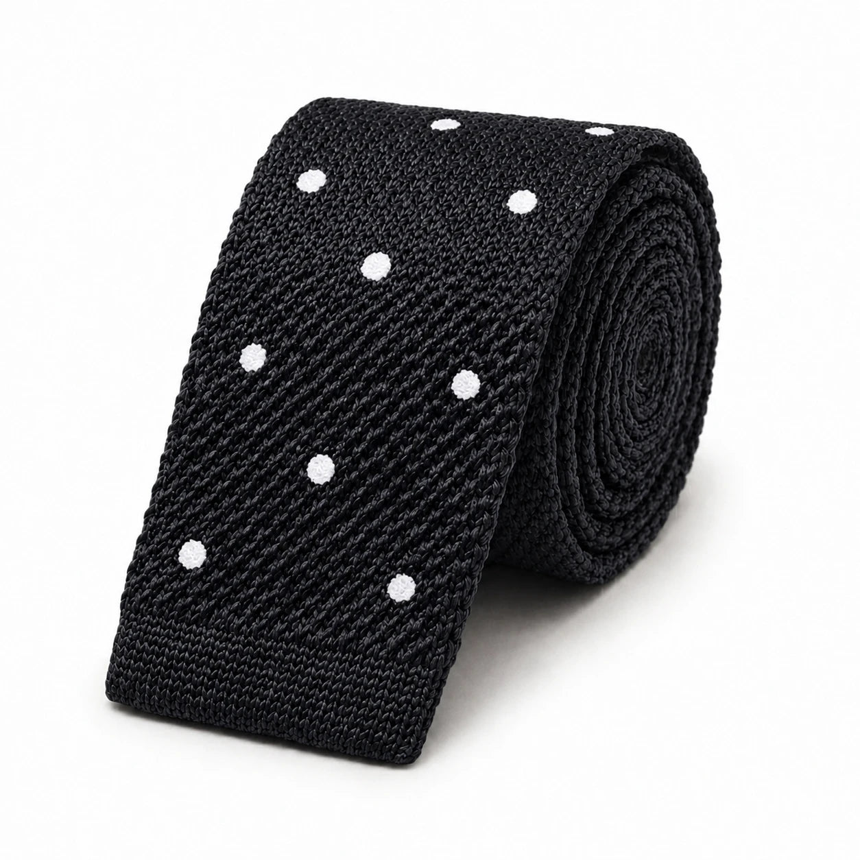 Cravate en Tricot Noire à Pois Blanc - Maille Texturée à Bout Carré