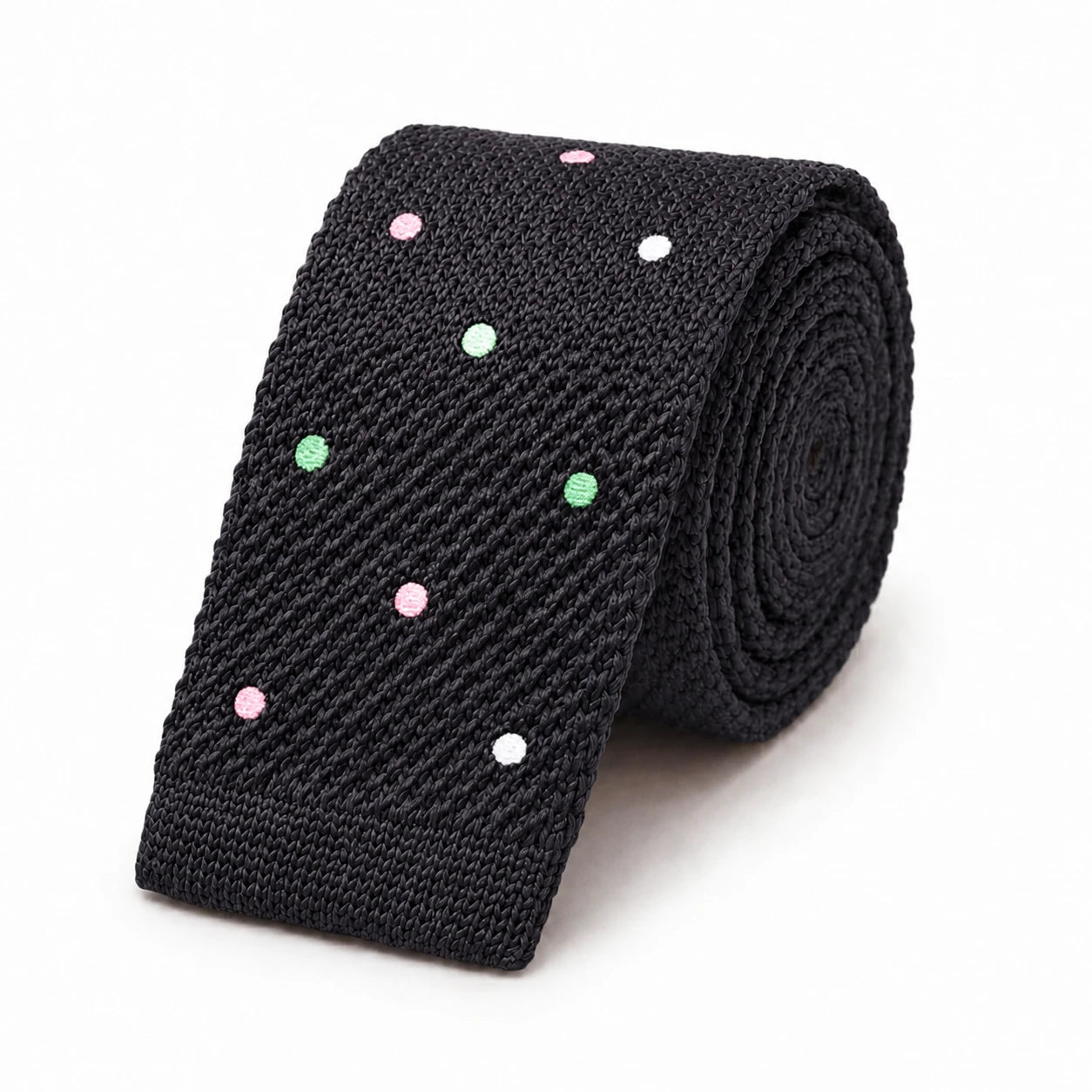 Cravate en Tricot Noire à Pois Multicolores - Maille Texturée à Bout Carré