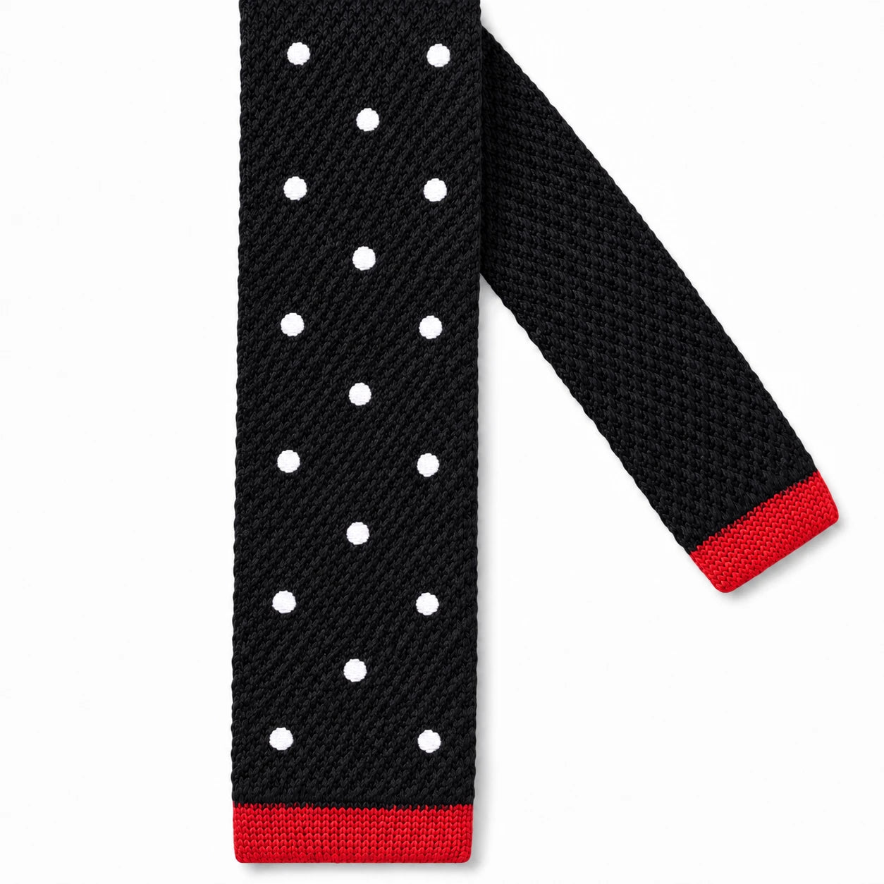 Cravate en Tricot Noire à Pois Blanc pour Homme - Maille Texturée à Bout Carré Rouge