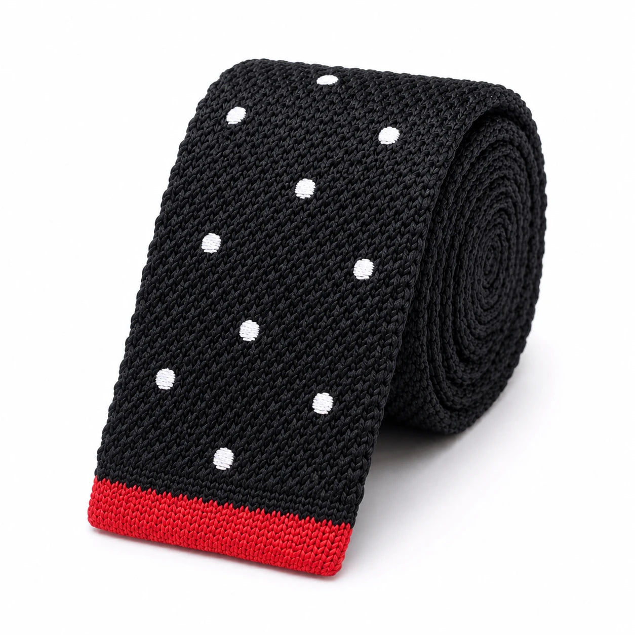 Cravate en Tricot Noire à Pois Blanc pour Homme - Maille Texturée à Bout Carré Rouge