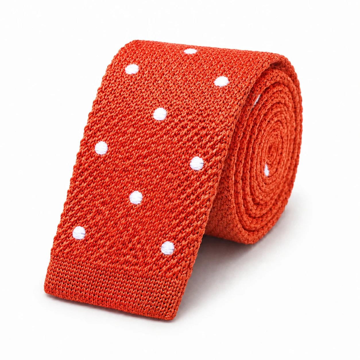 Cravate en Tricot Orange à Pois Blancs - Maille Texturée à Bout Carré