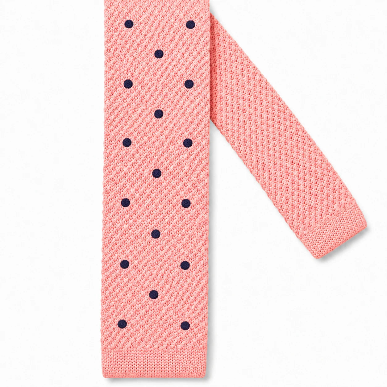 Cravate en Tricot Rose Saumon à Pois Bleu Marine Homme - Maille Texturée à Bout Carré