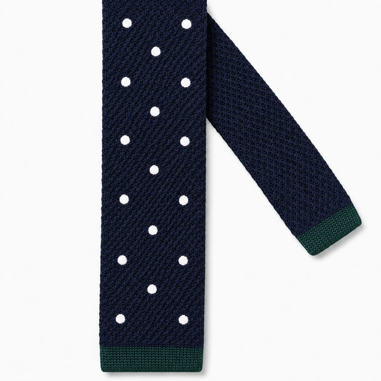 Cravate en Tricot Bleu Marine à Pois Blanc Ciel pour Homme - Maille Texturée à Bout Carré Vert