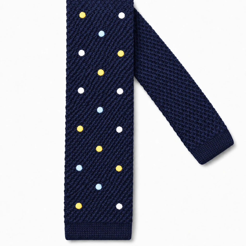 Cravate en Tricot Bleu Marine à Pois Bleu Ciel Jaune Blanc - Maille Texturée à Bout Carré