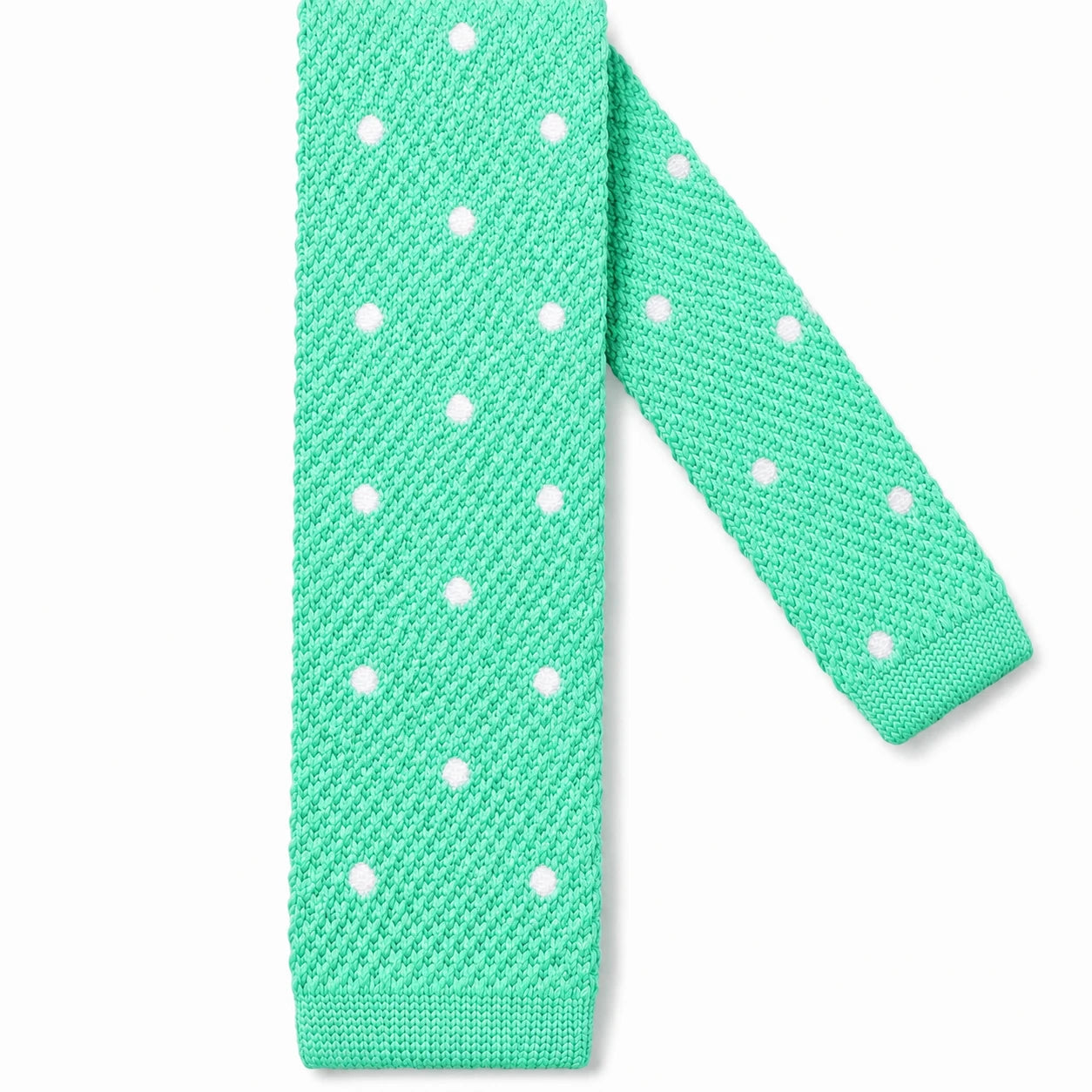 Cravate en Tricot Vert d'Eau à Pois Blanc - Maille Texturée à Bout Carré