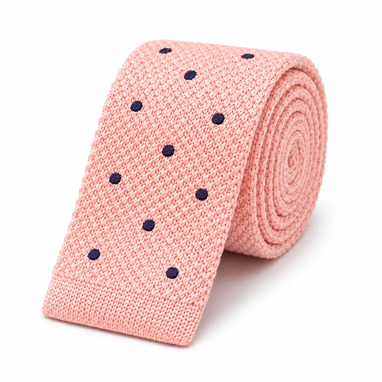Cravate en Tricot Rose Saumon à Pois Bleu Marine Homme - Maille Texturée à Bout Carré