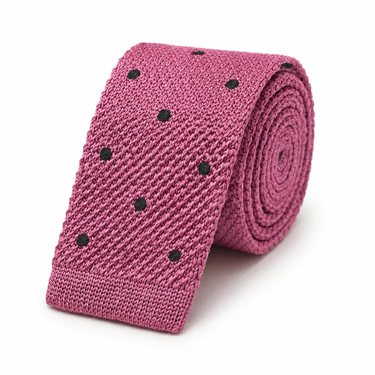 Cravate en Tricot Rose Parme à Pois Noirs Homme - Maille Texturée à Bout Carré