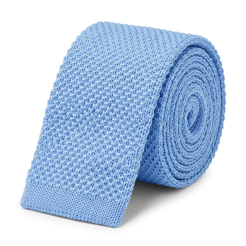 Cravate en Tricot Bleu Clair - Maille Fine et Bout Carré