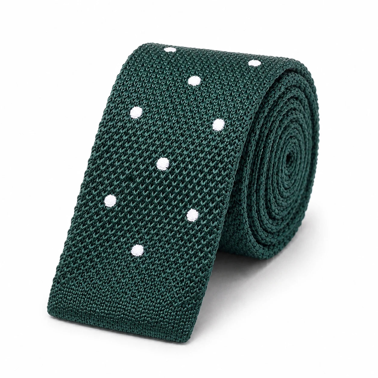 Cravate en Tricot Vert Sapin à Pois Blanc - Maille Texturée à Bout Carré