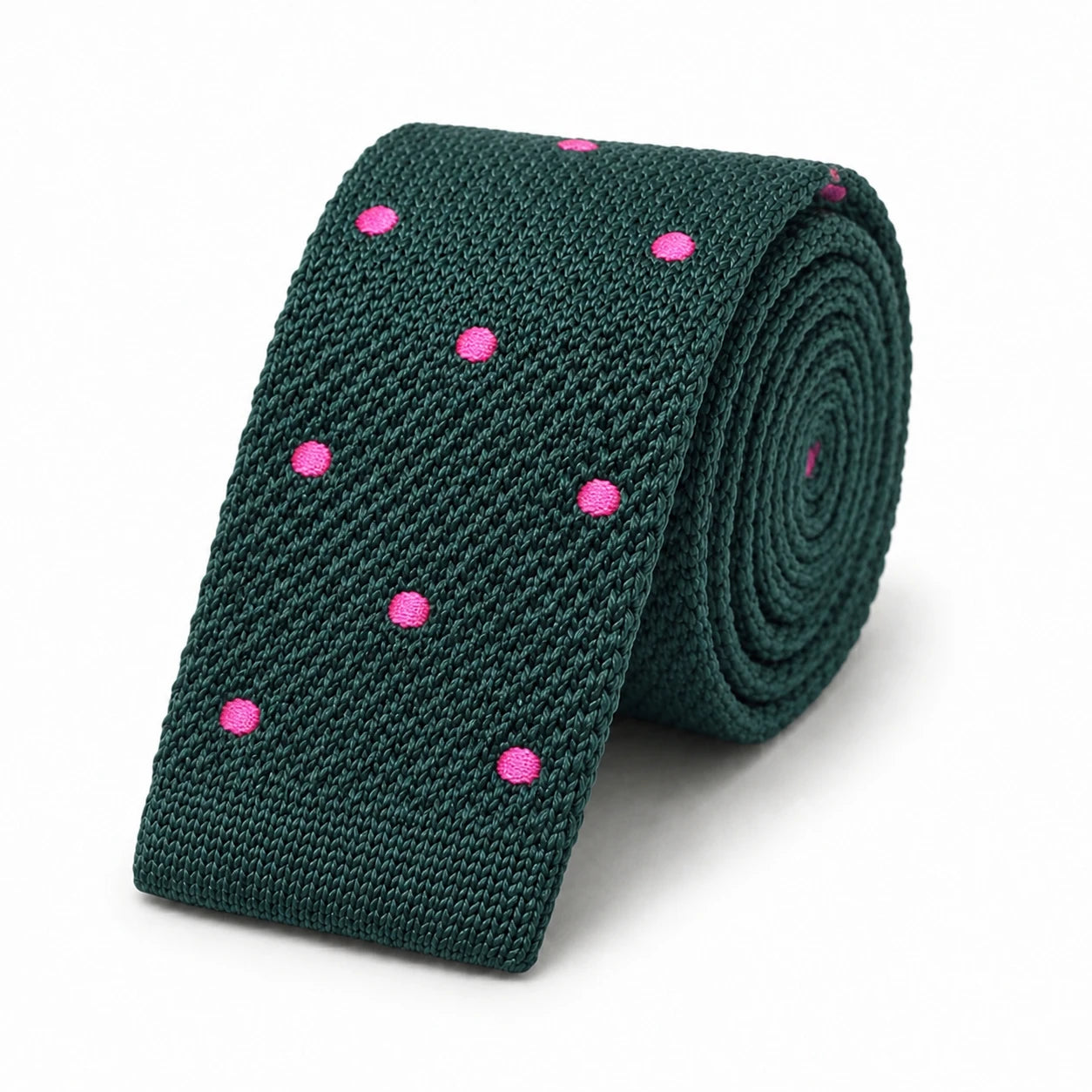 Cravate en Tricot Vert Forêt à Pois Rose - Maille Texturée à Bout Carré