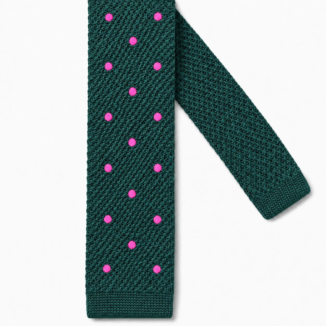 Cravate en Tricot Vert Forêt à Pois Rose - Maille Texturée à Bout Carré