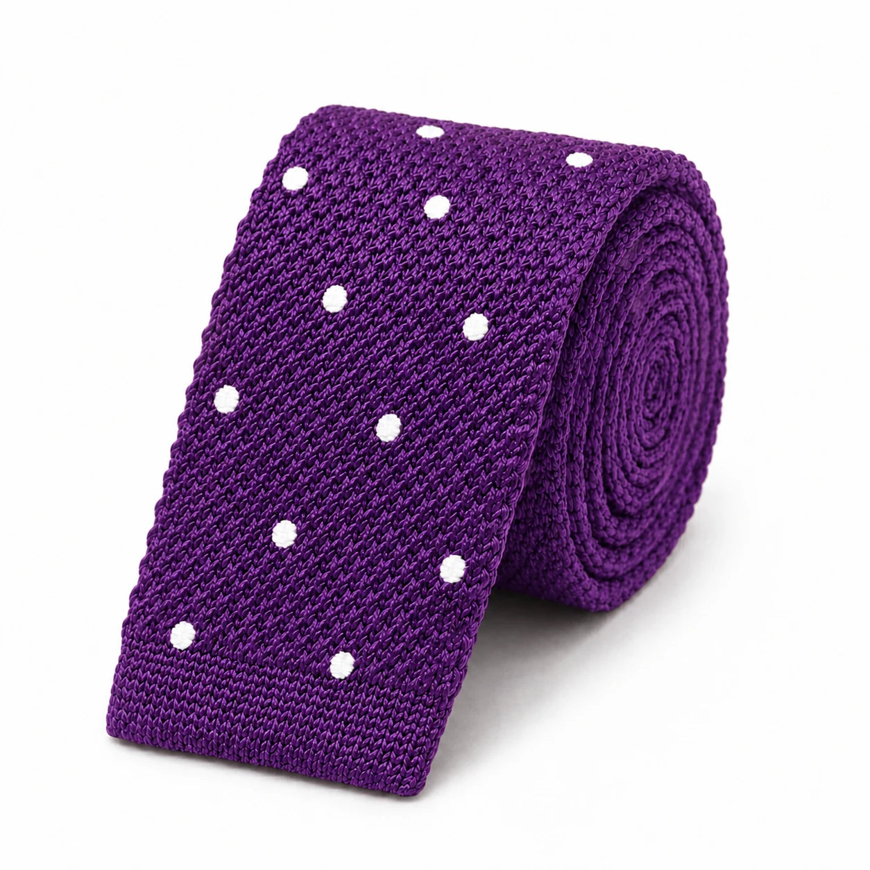 Cravate en Tricot Violet Prune à Pois Blancs Homme - Maille Texturée à Bout Carré